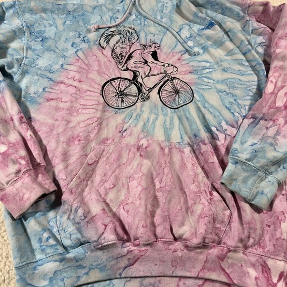 Exist Hoodie Mens Large Tye Dye Blue Pink Squirrel On Bike Graphic - Picture 2 of 9